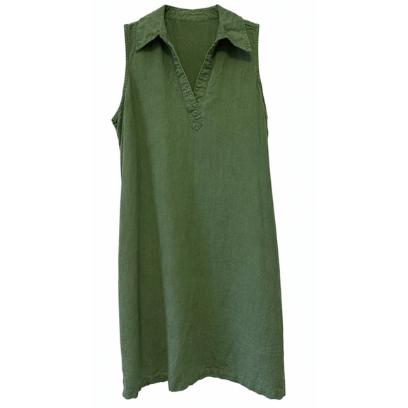 Per Se Dresses & Skirts - Womens Linen Dress Per Se Medium Olive Sleeveless Collared V Neck Shirt Shift
